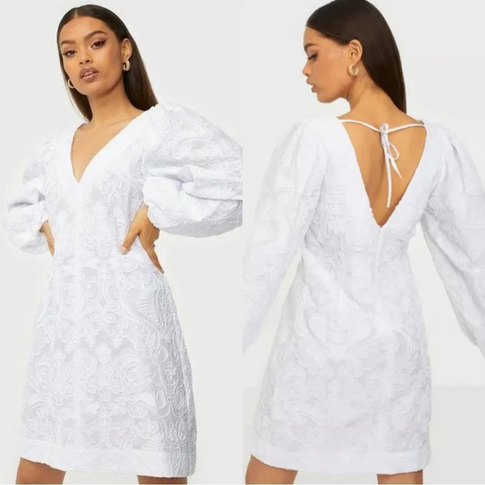 Samse Samse Anai Mini Dress Puff Long Sleeve V-Neck In Bright White Size L
